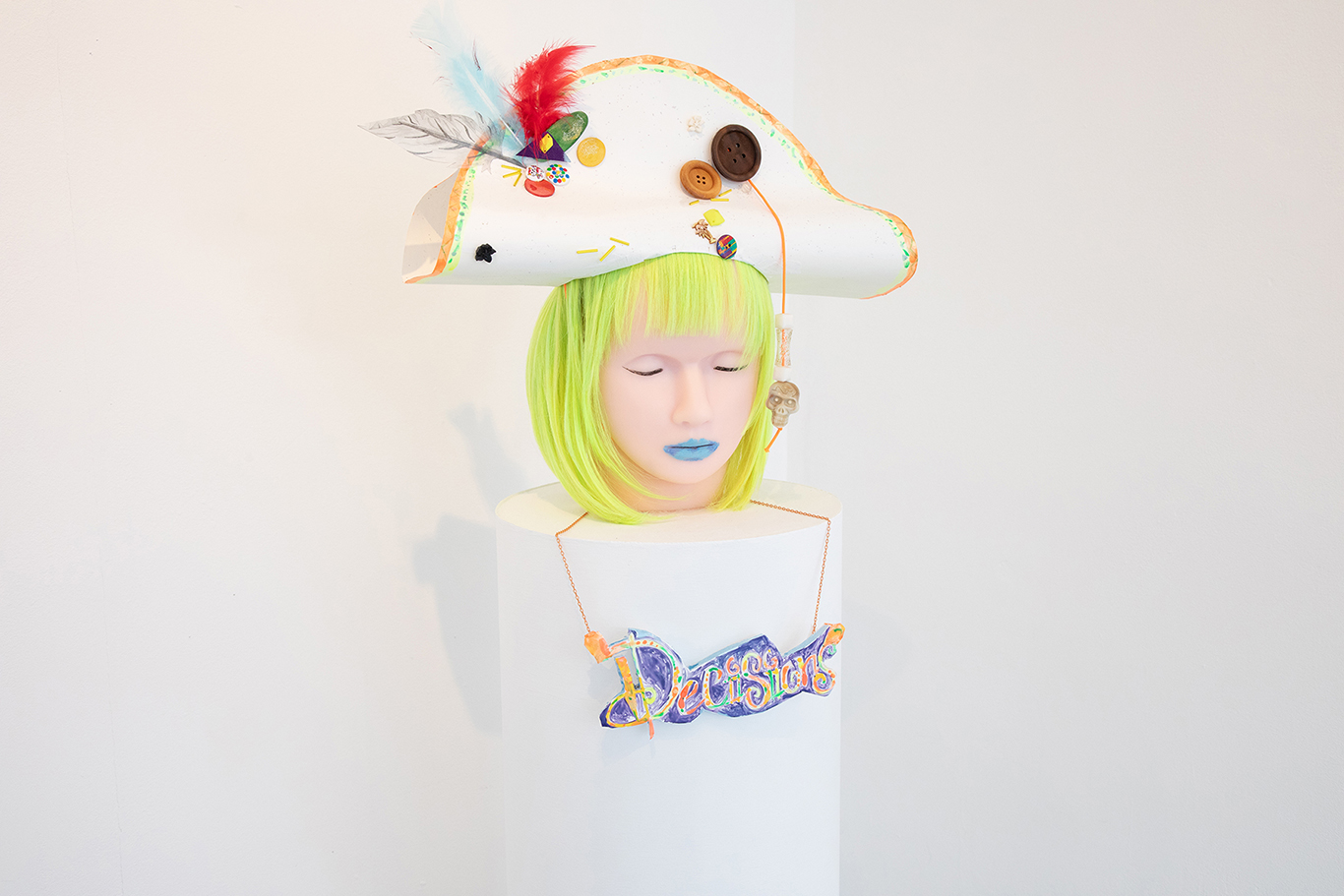 Issey Kang, ‘Pussy, King of the Pirates’, 2024, mannequin head, makeup, wig, paper, emulsion, beads, buttons, feathers, nail varnish, ribbon, wood, foam board, 130 x 130 cm